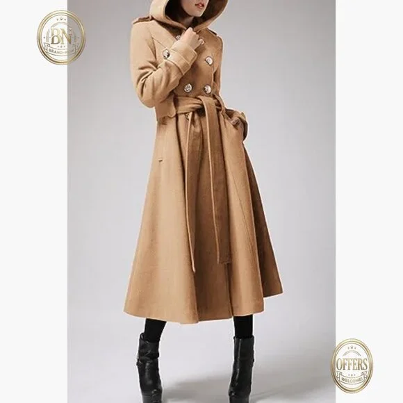 Long Wool Blend Trench Coat with Hood and Belts